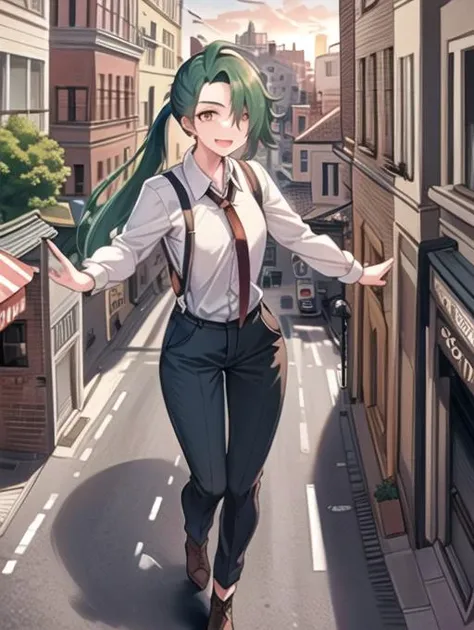 beautiful, masterpiece, best quality, extremely detailed face, perfect lighting, 1girl, solo, <lora:PokeRika:0.7>, hair over one eye, ponytail, collared shirt, eyelashes, pants, suspenders, necktie, earrings, BREAK
spread arms, outstretched arms, smile, open mouth, from above ((full body)),<lora:add_detail:0.2> , RAW photo, (masterpiece), best quality, extremely detailed, delicate and beautiful, photorealistic illustration, one (macrogts:1.2|mesogts:1.2) (woman), (solo), (minigts), giant, giantess, beautiful eyes, sharp, (looking at viewer), dynamic light,(full body portrait), outside, (sitting between apartment buildings at sunset), looking over building, looming, walking over cars, buses, vans, door, window, table, chair, tiny people in background, skyscrapers in background, brownstone buildings, street, streetlight, traffic light, sidewalk, empty pizza boxes, 8k uhd, dslr, soft lighting, high quality, film grain, (smile512),<lora:minigts_v3_lycoris:0.7>
,