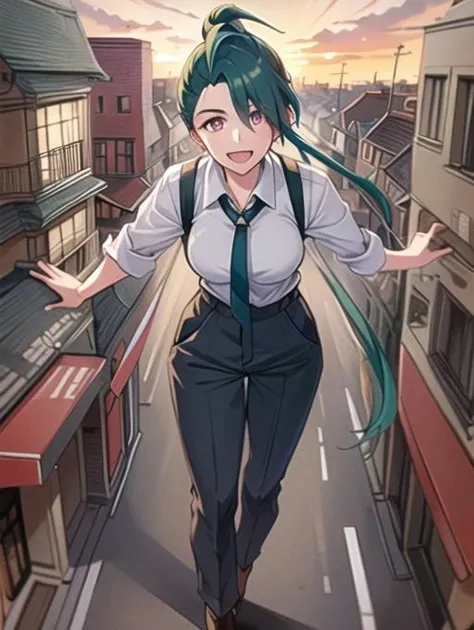 beautiful, masterpiece, best quality, extremely detailed face, perfect lighting, 1girl, solo, <lora:PokeRika:0.7>, hair over one eye, ponytail, collared shirt, eyelashes, pants, suspenders, necktie, earrings, BREAK
spread arms, outstretched arms, smile, open mouth, from above ((full body)),<lora:add_detail:0.2> , RAW photo, (masterpiece), best quality, extremely detailed, delicate and beautiful, photorealistic illustration, one (macrogts:1.2|mesogts:1.2) (woman), (solo), (minigts), giant, giantess, beautiful eyes, sharp, (looking at viewer), dynamic light,(full body portrait), outside, (sitting between apartment buildings at sunset), looking over building, looming, walking over cars, buses, vans, door, window, table, chair, tiny people in background, skyscrapers in background, brownstone buildings, street, streetlight, traffic light, sidewalk, empty pizza boxes, 8k uhd, dslr, soft lighting, high quality, film grain, (smile512),<lora:minigts_v3_lycoris:0.7>
,