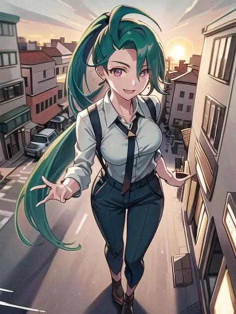 beautiful, masterpiece, best quality, extremely detailed face, perfect lighting, 1girl, solo, <lora:PokeRika:0.7>, hair over one eye, ponytail, collared shirt, eyelashes, pants, suspenders, necktie, earrings, BREAK
spread arms, outstretched arms, smile, open mouth, from above ((full body)),<lora:add_detail:0.2> , RAW photo, (masterpiece), best quality, extremely detailed, delicate and beautiful, photorealistic illustration, one (macrogts:1.2|mesogts:1.2) (woman), (solo), (minigts), giant, giantess, beautiful eyes, sharp, (looking at viewer), dynamic light,(full body portrait), outside, (sitting between apartment buildings at sunset), looking over building, looming, ((walking over cars)), buses, vans, door, window, table, chair, tiny people in background, skyscrapers in background, brownstone buildings, street, streetlight, traffic light, sidewalk, empty pizza boxes, 8k uhd, dslr, soft lighting, high quality, film grain, (smile512),<lora:minigts_v3_lycoris:0.7>
,