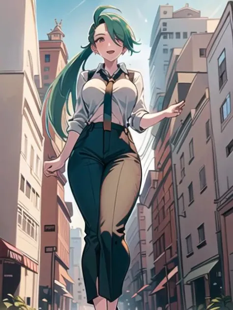 beautiful, masterpiece, best quality, extremely detailed face, perfect lighting, 1girl, solo, <lora:PokeRika:0.7>, hair over one eye, ponytail, collared shirt, eyelashes, pants, suspenders, necktie, earrings, BREAK
surprised, embarrassed, open mouth, from below, ((full body)),<lora:add_detail:0.1> , RAW photo, (masterpiece), best quality, extremely detailed, delicate and beautiful, photorealistic illustration, one (macrogts:1.2|mesogts:1.2) (woman), (solo), (minigts), giant, giantess, beautiful eyes, sharp, (looking at viewer), dynamic light,(full body portrait), outside, (sitting between apartment buildings at sunset), looking over building, looming, ((walking over cars)), (((cars))), buses, vans, door, window, table, chair, tiny people in background, skyscrapers in background, brownstone buildings, street, streetlight, traffic light, sidewalk, empty pizza boxes, 8k uhd, dslr, soft lighting, high quality, film grain, (smile512),<lora:minigts_v3_lycoris:0.7>
,
