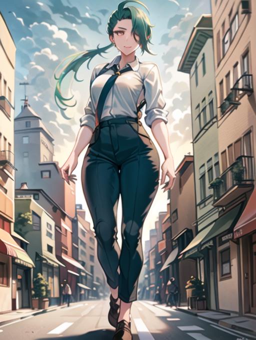 A woman walking down a street in a city with buildings - SeaArt AI