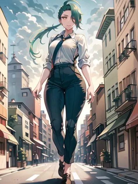 beautiful, masterpiece, best quality, extremely detailed face, perfect lighting, 1girl, solo, <lora:PokeRika:0.7>, hair over one eye, ponytail, collared shirt, eyelashes, pants, suspenders, necktie, earrings, BREAK
surprised, embarrassed, open mouth, distant view, zoomed out, ((full body)),<lora:add_detail:0.1> , RAW photo, (masterpiece), best quality, extremely detailed, delicate and beautiful, photorealistic illustration, one (macrogts:1.5) (woman), (solo), (macro giantess), giant, giantess, beautiful eyes, sharp, (looking at viewer), dynamic light,(full body portrait), outside, (walking over apartment buildings at sunset), (looming over a building), (hands on buildings), looking over building, looming, ((walking beside cars)), (((cars))), buses, vans, door, window, skyscrapers in background, brownstone buildings, street, streetlight, traffic light, sidewalk, 8k uhd, dslr, soft lighting, high quality, film grain, (smile512),<lora:minigts_v3_lycoris:0.9>
,