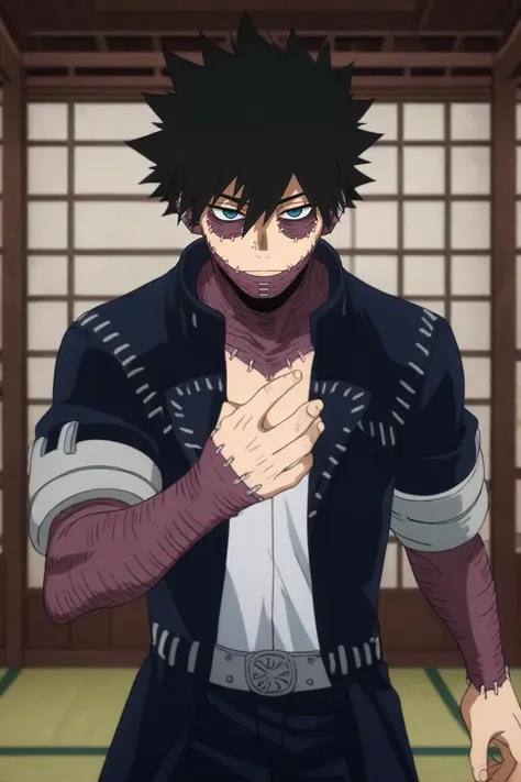 score_9, score_8_up, score_7_up, source_anime, rating_safe, intricate details, anime screencap, , , , , 1boy, solo, male focus, <lora:dabi_bnha_pony:0.94>, dabi_bnha, black hair, blue eyes, short hair, spiked hair, hair between eyes, bangs, scar, burn scar, scar on face, piercing, stitches, , , , wide angle, wide shot, cowboy shot, east asian architecture, indoors, jojo pose, seductive smile, , <lora:sdxl_lightning_8step_lora:1>