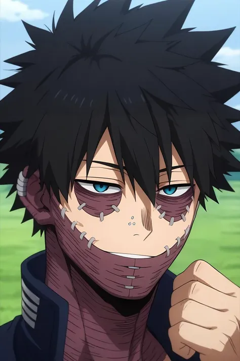 score_9, score_8_up, score_7_up, source_anime, rating_safe, intricate details, anime screencap, , official style, , depth of field, 1boy, solo, male focus, <lora:dabi_bnha_pony:0.84>, dabi_bnha, black hair, blue eyes, short hair, spiked hair, hair between eyes, bangs, scar, burn scar, scar on face, piercing, stitches, , , , close-up, prairie, day, flexing, half-closed eyes, smile, , <lora:sdxl_lightning_8step_lora:1>