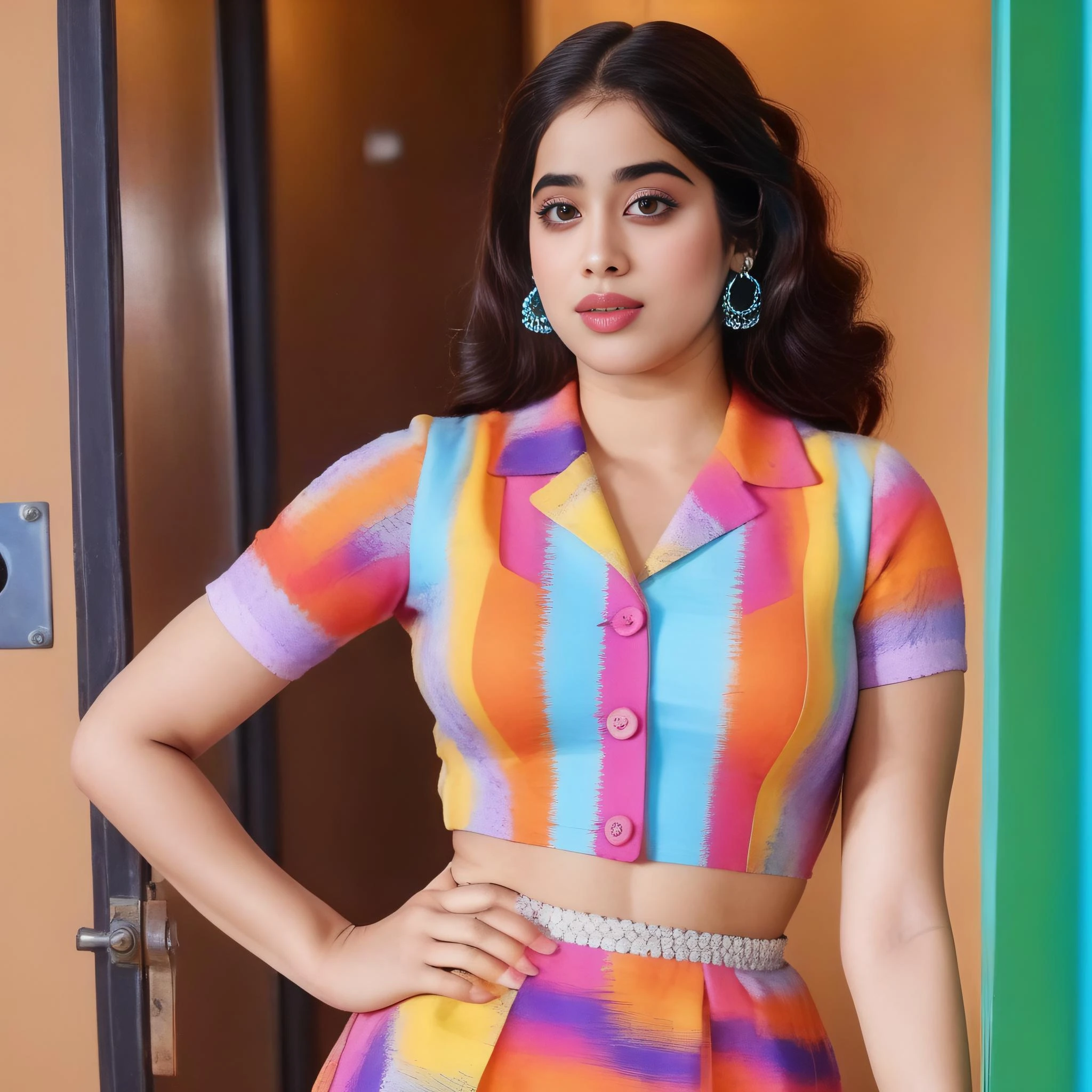 JanhviKapoor, <lora:JanhviKapoorSDXL:1> A captivating image of a woman wearing a vintage-inspired outfit, reminiscent of the fifties or sixties. The woman's clothing is embellished with intricate TGIF patterns and textures, and the vibrant colors of her hair blend seamlessly with the vintage elements. Her expression is serene and determined, while the background is a vibrant, vibrant mix of vibrant colors. wide aperture, standard lens, high contrast