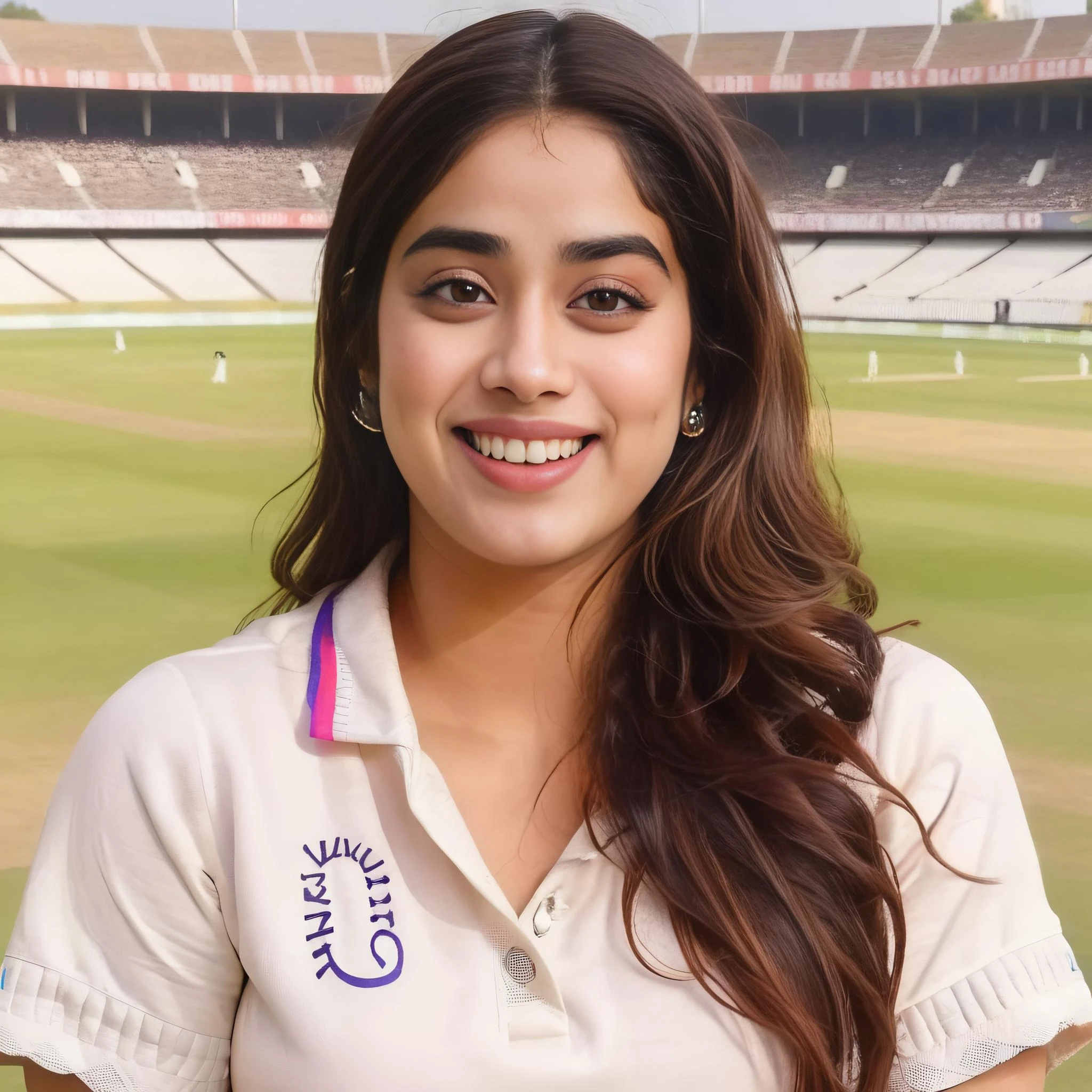 JanhviKapoor, <lora:JanhviKapoorSDXL:1> a photo of a woman, at a cricket game, wearing jersey, smile, best quality, detailed skin