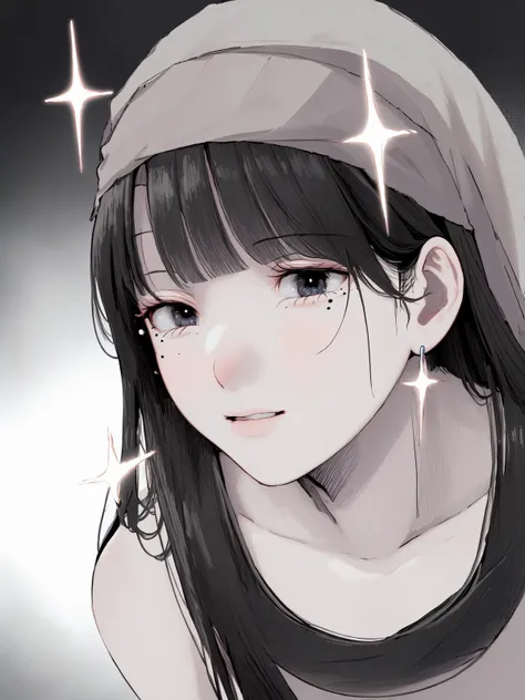 1girl, solo, black background, jewelry, mole, black hair, earrings, mole under mouth, sparkle, looking at viewer, black eyes, parted lips, (waist up:1.2), simple background, smile, head scarf, looking back, cute, ultra-detailed, illustration, intricate, detailed, extremely detailed, detailed face, soft lighting, soft light, soft focus, perfect face, beautiful, accurate anatomy, overexposure, 8k, 4k, (highres:1.1), best quality, (masterpiece:1.3), <lora:twinkle_style:0.9>