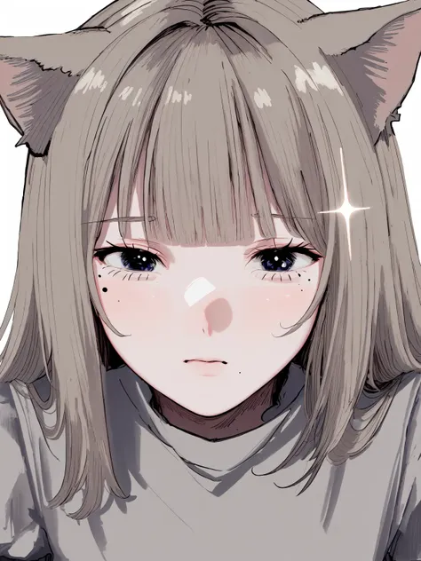 1girl, solo, animal ears, mole, long hair, white background, cat ears, simple background, sparkle, dress, looking at viewer, bangs, grey hair, short sleeves, blunt bangs, mole under eye, upper body, grey eyes, puffy sleeves, white dress, cute, ultra-detailed, illustration, intricate, detailed, extremely detailed, detailed face, soft lighting, soft light, soft focus, perfect face, beautiful, accurate anatomy, overexposure, 8k, 4k, (highres:1.1), best quality, (masterpiece:1.3), <lora:twinkle_style:0.9>