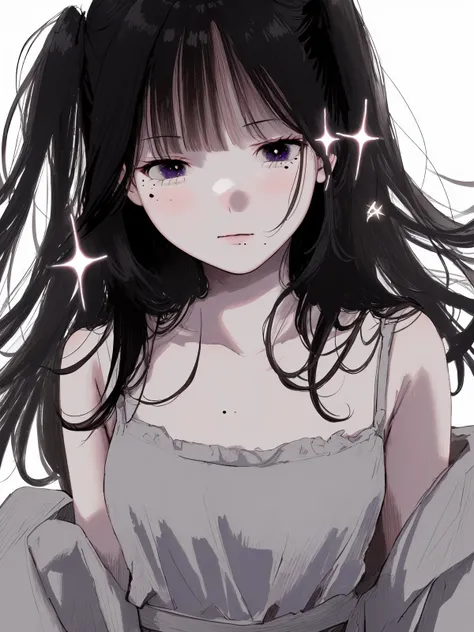 1girl, solo, black hair, white background, sparkle, simple background, long hair, looking at viewer, mole under eye, mole, bangs, hand up, purple eyes, upper body, collarbone, bare shoulders, two side up, blush, (waist up:1.1), cute, ultra-detailed, illustration, intricate, detailed, extremely detailed, detailed face, soft lighting, soft light, soft focus, perfect face, beautiful, accurate anatomy, overexposure, 8k, 4k, (highres:1.1), best quality, (masterpiece:1.3), <lora:twinkle_style:0.9>