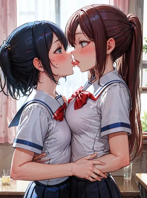 (masterpiece:1.4), <lora:AnimeKiss:0.7>, two girls, kissing, school uniform, closeup