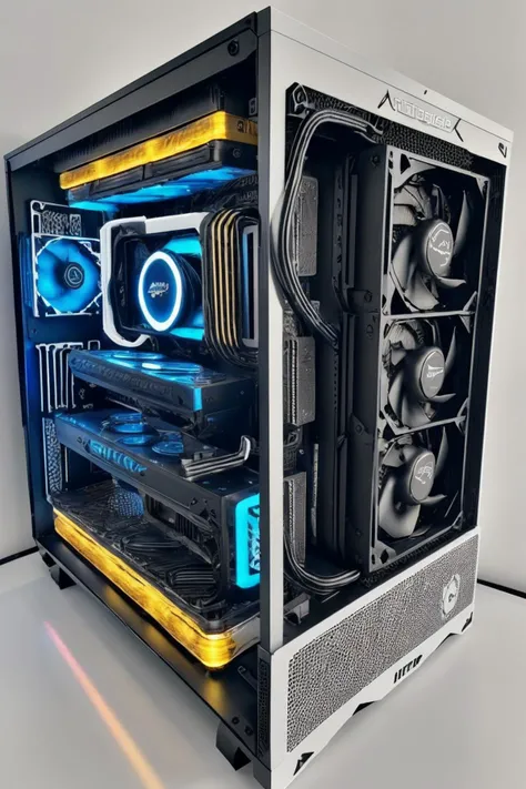 arwcomputerdesktop, gaming computer, multiple video cards, cpu cooler, heatsinks, cable, circuit, metalic casing, fan, white background, <lora:arwcomputerdesktop:1>, realistic, (masterpiece:1.3), (best quality:1.3), beautiful, (intricate details), unity 8k wallpaper, ultra detailed, beautiful, aesthetic, perfect lighting,