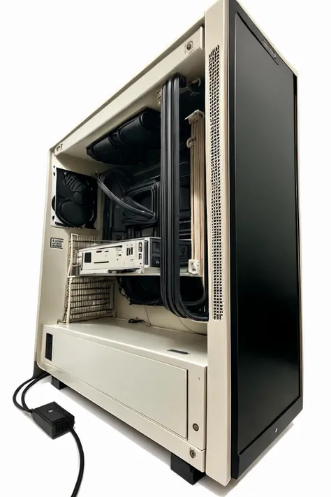 1980s style, IBM, packard bell, gateway 2000, arwcomputerdesktop, huge full sized case IDE cables, VESA local bus, ISA bus, 5.25 floppy disk, wide ribbon cables, green pcb, motherboard, multiple video cards, cpu cooler, heatsinks, cable, circuit, metalic casing, fan, white background, <lora:arwcomputerdesktop:0.9>, realistic, (masterpiece:1.3), (best quality:1.3), beautiful, (intricate details), unity 8k wallpaper, ultra detailed, beautiful, aesthetic, perfect lighting,