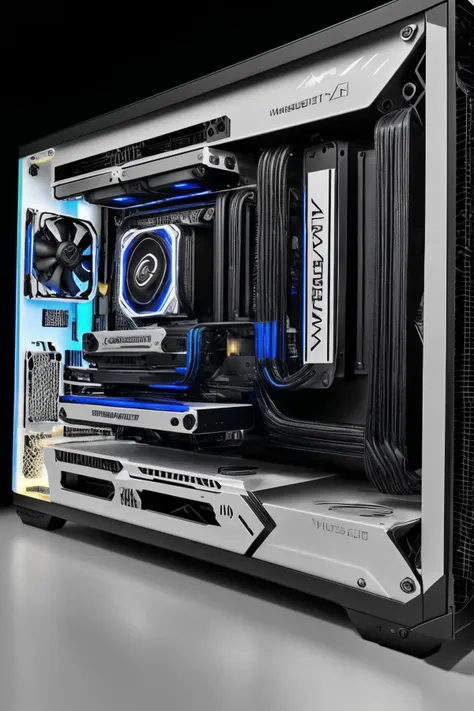 arwcomputerdesktop, gaming computer, multiple video cards, cpu cooler, heatsinks, cable, circuit, metalic casing, fan, white background, <lora:arwcomputerdesktop:1>, realistic, (masterpiece:1.3), (best quality:1.3), beautiful, (intricate details), unity 8k wallpaper, ultra detailed, beautiful, aesthetic, perfect lighting,