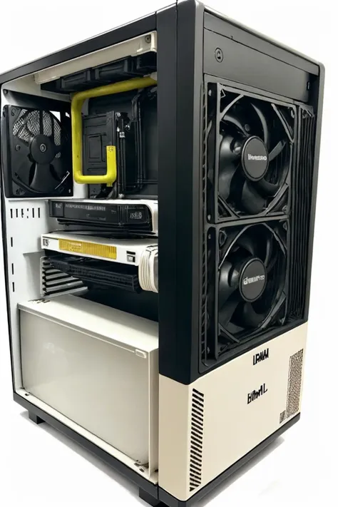 1980s theme, IBM, packard bell, gateway 2000, arwcomputerdesktop, huge full sized case IDE cables, VESA local bus, ISA bus, 5.25 floppy disk, wide ribbon cables, green pcb, motherboard, multiple video cards, cpu cooler, heatsinks, cable, circuit, metalic casing, fan, white background, <lora:arwcomputerdesktop:0.9>, realistic, (masterpiece:1.3), (best quality:1.3), beautiful, (intricate details), unity 8k wallpaper, ultra detailed, beautiful, aesthetic, perfect lighting,