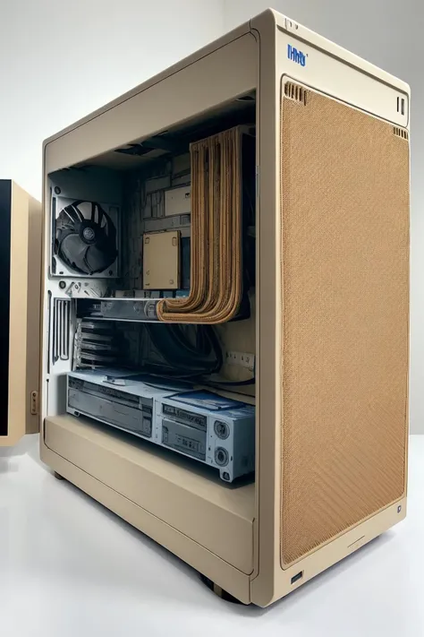 1980s theme, beige, IBM, packard bell, gateway 2000, arwcomputerdesktop, huge full sized case IDE cables, VESA local bus, ISA bus, 5.25 floppy disk, wide ribbon cables, multiple video cards, cpu cooler, heatsinks, cable, circuit, metalic casing, fan, retrofuturistic, electricity, magic, white background, <lora:arwcomputerdesktop:0.9>, realistic, (masterpiece:1.3), (best quality:1.3), beautiful, (intricate details), unity 8k wallpaper, ultra detailed, beautiful, aesthetic, perfect lighting,