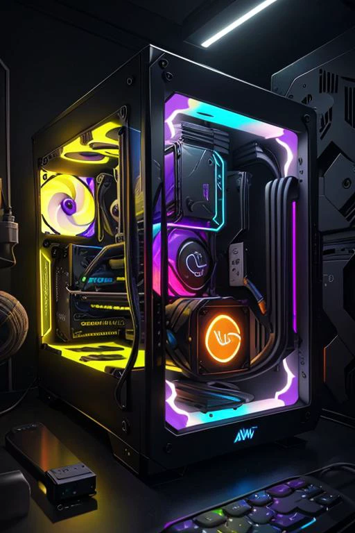 ((masterpiece)), arwcomputerdesktop with blue panel, cable, circuit, metalic casing, rgb fan, science fiction theme, elegant, epic, fog, yellow electricity, magic, puple neon background, <lora:arwcomputerdesktop:1>