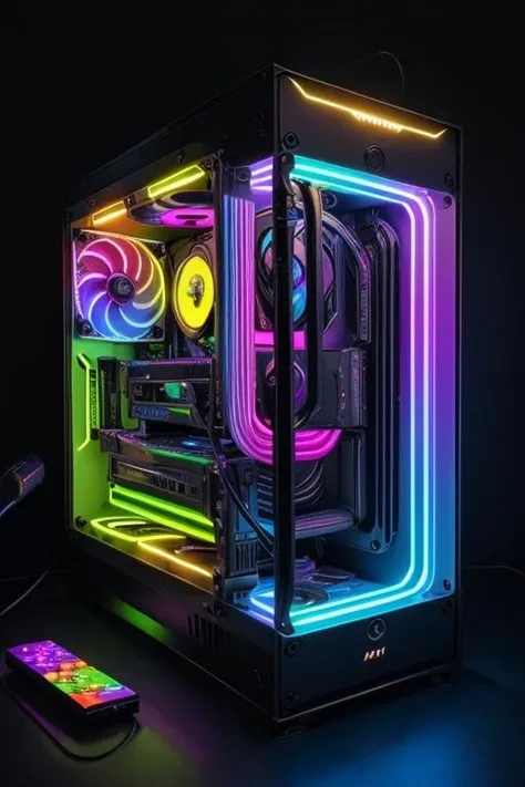 ((masterpiece)), arwcomputerdesktop with blue panel, cable, circuit, metalic casing, rgb fan, science fiction theme, elegant, epic, fog, yellow electricity, magic, puple neon background, <lora:arwcomputerdesktop:1>