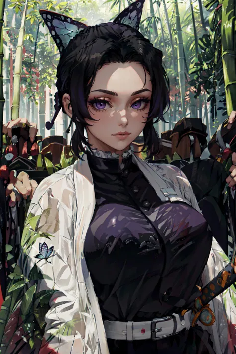 (masterpiece, best quality, ultra detailed, absurdres)1.5, 1girl, (sexy, beautiful woman, perfect face, perfect eyes, perfect female body, huge breasts)1.5, (kochou_shinobu, SH1N0BU, demon slayer uniform, solo, butterfly hair ornament, black hair, purple hair, japanese clothes, haori, multicolored hair, katana, <lora:[P]-Shinobu:1>), (jumping, in a bamboo forest), perfect lighting, smooth, hdr