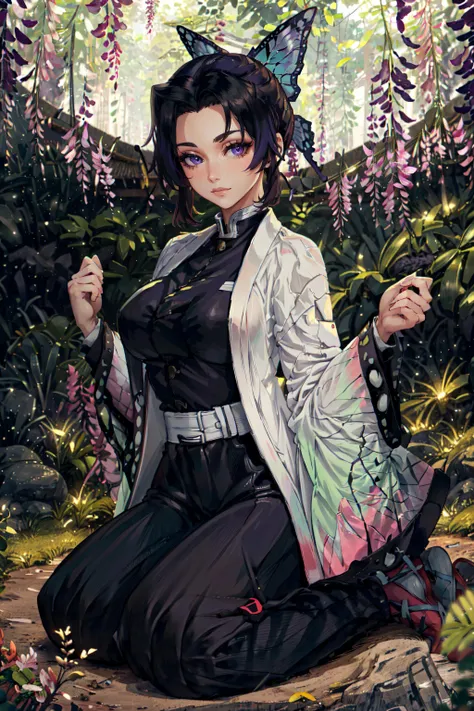 (masterpiece, best quality, ultra detailed, absurdres)1.5, 1girl, (sexy, beautiful woman, perfect face, perfect eyes, perfect female body, huge breasts)1.5, (kochou_shinobu, SH1N0BU, demon slayer uniform, solo, butterfly hair ornament, black hair, purple hair, japanese clothes, haori, multicolored hair, katana on the ground, <lora:[P]-Shinobu:1>), (kneeling, in a Japanese garden, wisteria trees), perfect lighting, smooth, hdr