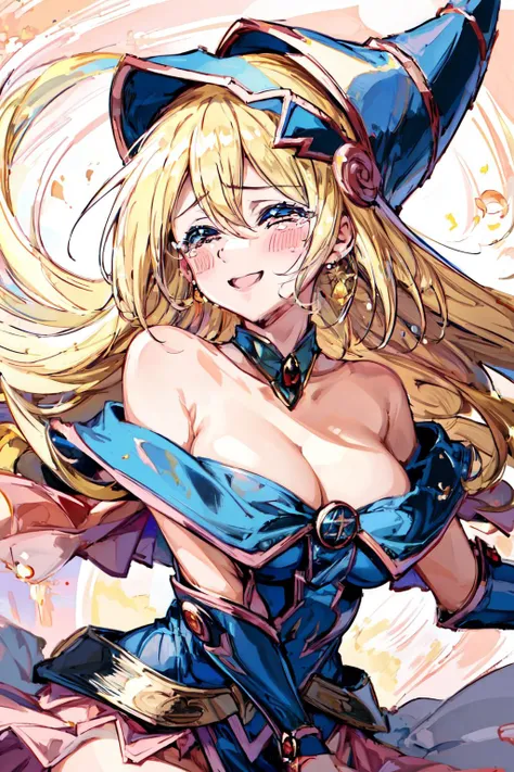 (masterpiece, best quality, ultra-detailed, highres, best illustration), 1girl,  beautiful ,crying tears of joy, happy (tears, crying:1.2), smile,  <lora:SAC:0.8>, hmdmg1, wizard hat, blush, blush stickers, cleavage, bare shoulders, dress, off shoulder, <lora:dark_magician_girl_v3:1>,  <lora:Mild detail adjusterV10:1>