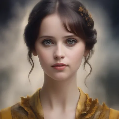 felicity_jones,<lora:FelicityJonesXL:1>,highly detailed portrait, Classic Art, glimmering transformation, Luminous trails, most beautiful artwork, dslr, Awe-Inspiring, Cooper, wearing medieval gown, Spirals, Charcoal and deep yellow splash, vector art, fall vegetation, abandoned threads, looking at viewer, grunge art, dramatic atmosphere, fog, dim light, colorfull