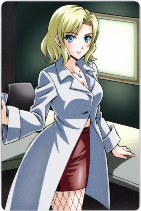 1girl, solo, (dark background), cowboy shot, looking at viewer, blush, soft smile, parted lips, detailed, dramatic lighting, hdr, rim lighting, pencil skirt, pink skirt, miniskirt, lab coat, <lora:Linda(CustomRobo)-08:0.873>, linda \(custom robo\), blonde hair, blue eyes, milf, (mature female), fishnet stockings,