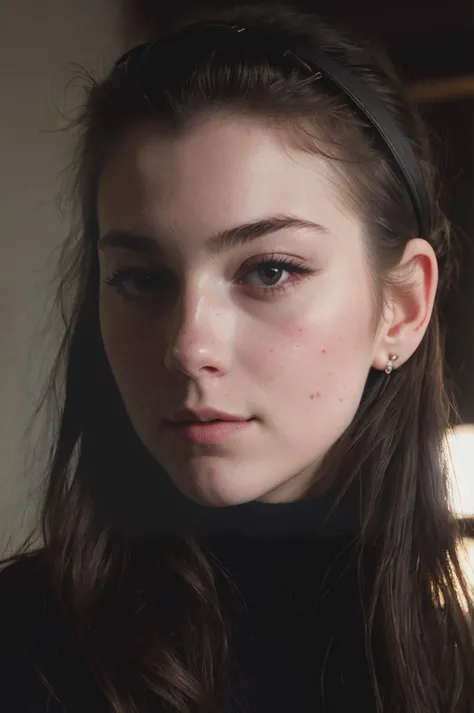 Portrait of pretty young (18-year-old) Caucasian (futuraaurora9600v5:1) wearing a high neck cashmere sweater <lora:epi_noiseoffset2:1> BREAK (magazine cover:1.05), BREAK (masterpiece, ((extremely detailed skin)), photorealistic, heavy shadow, dramatic and cinematic lighting, key light, fill light), sharp focus, BREAK epicrealism