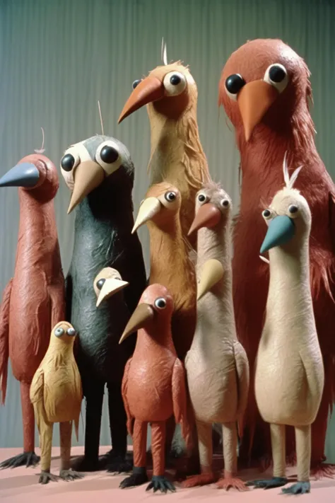 <lora:Jan Svankmajer Style:1>Jan Svankmajer Style - group of very tall anthropod bears, various lanky wet bird anthropomorphic display, uneven unpleasant on 70s film stock