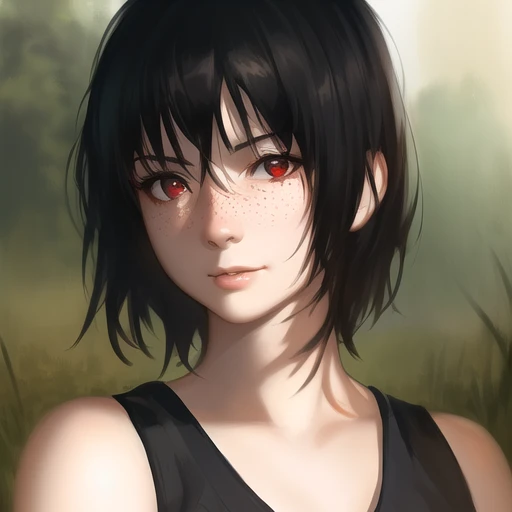 an woman with black (messy short hair) and red eyes and red freckles, (red pupil), hair casting shadow on her face, wearing a cleaned red shirt, Sun light hitting the face , peaking over ((grass: 1.5)). nature, smiling, anime, ((face focus)), (masterpiece), best quality, professional majestic oil painting by Ed Blinkey, Atey Ghailan, Studio Ghibli, by Jeremy Mann, Greg Manchess, Antonio Moro, trending on ArtStation, trending on CGSociety, Intricate, High Detail, Sharp focus, dramatic, photorealistic painting art by midjourney and greg rutkowski,
(detalied face), highly detailed eyes