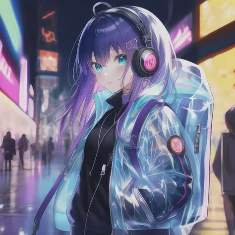 pixiv, hyper detailed, harajuku fasion, futuristic fashion, anime girl, headphone, ((colorful reflective fabric inner)), (((transparent PVC jacket))), backpack