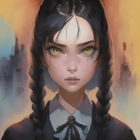 masterpeice, best quality, a face wednesday addams art by greg tocchini and kaethe butcher and atey ghailan and yoji shinkawa and ashley wood and pino daeni and takehiko inoue, high detailed