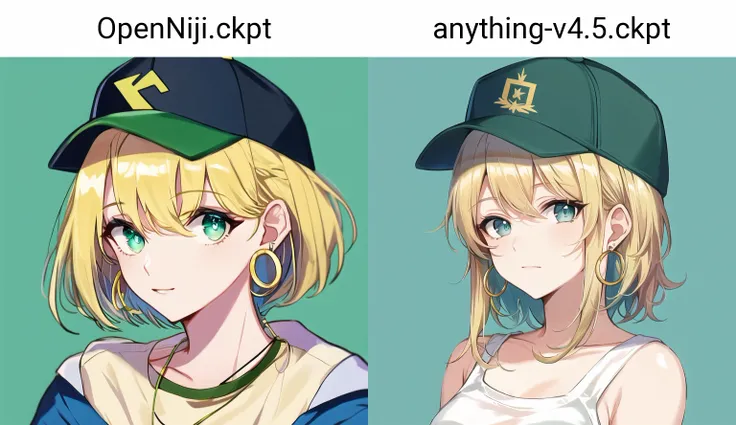 masterpiece, best quality, 1girl, aqua eyes, baseball cap, blonde hair, closed mouth, earrings, green background, hat, hoop earrings, jewellery, looking at viewer, shirt, short hair, simple background, solo, upper body, yellow shirt