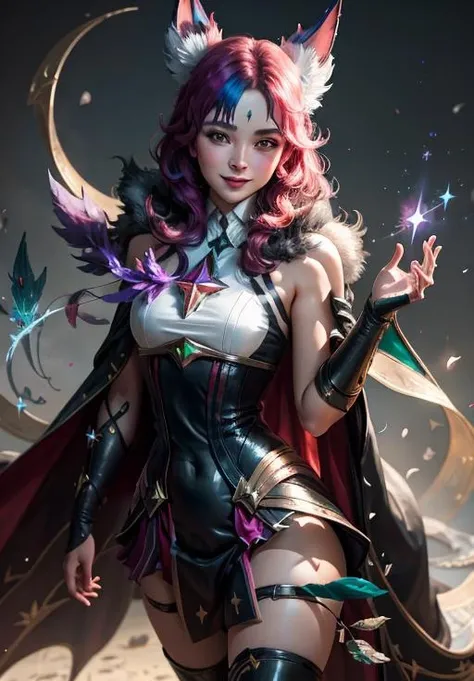 <lora:star_guardian_Xayah:0.8>, star_guardian_Xayah, solo, smile,, (magical, magnificent, masterpiece:1.3), (trending on CGSociety, trending on pixiv, contest winner:1.3)