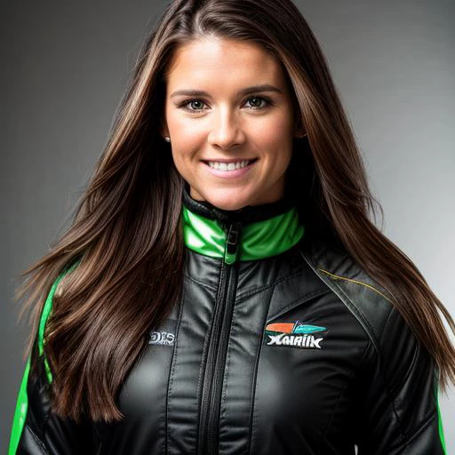 a Realistic portrait of a danica patrick woman with brown eyes and long brown Hair style, looking at the viewer, detailed face, detailed eyes, smiling, perfect slim body, modelshoot style, hand on own shoulder, wearing a green and black racing suit, soft lighting, professional Photography, Photorealistic, detailed, standing in a dark Studio Room background, blurred background, RAW, analog, sharp focus, 8k, HD, DSLR, high quality, Fujifilm XT3, film grain, award winning, masterpiece
<lora:danica patrick v1.2:1>