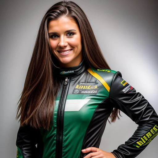 a Realistic portrait of a danica patrick woman with brown eyes and long brown Hair style, looking at the viewer, detailed face, detailed eyes, smiling, perfect slim body, modelshoot style, hand on own shoulder, wearing a green and black racing suit, soft lighting, professional Photography, Photorealistic, detailed, standing in a dark Studio Room background, blurred background, RAW, analog, sharp focus, 8k, HD, DSLR, high quality, Fujifilm XT3, film grain, award winning, masterpiece
<lora:danica patrick v1.2:1>