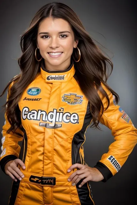 a Realistic portrait of a danica patrick woman with brown eyes and long brown Hair style, looking at the viewer, detailed face, detailed eyes, (smiling showing teeth:1.1), perfect slim body, modelshoot style, hand on own shoulder, wearing a racing suit, wearing gold earrings and jewelry, soft lighting, professional Photography, Photorealistic, detailed, standing in a dark Studio Room background, blurred background, RAW, analog, sharp focus, 8k, HD, DSLR, high quality, Fujifilm XT3, film grain, award winning, masterpiece <lora:danica patrick v1.3:1>