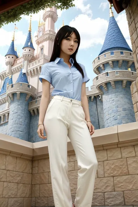 <lora:jpmana_obj20:0.7>, full_body, standing, sandals, (shirt), pants, (disney castle), (jpmana: 1.3), perfect face, (contact iris: 1.1), pale skin, skin pores , depth of field