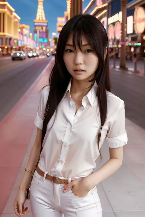 <lora:noriko_kijima_obj20:0.7 >, full_body, standing, sandals, (shirt), pants, (las vegas strip), (noriko_kijima: 1.2), perfect face, (contact iris: 1.1), pale skin, skin pores , depth of field