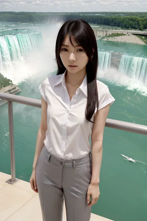<lora:noriko_kijima_obj20:0.5 >, full_body, standing, sandals, (shirt), pants, (niagara falls), (noriko_kijima: 1.2), perfect face, (contact iris: 1.1), pale skin, skin pores , depth of field