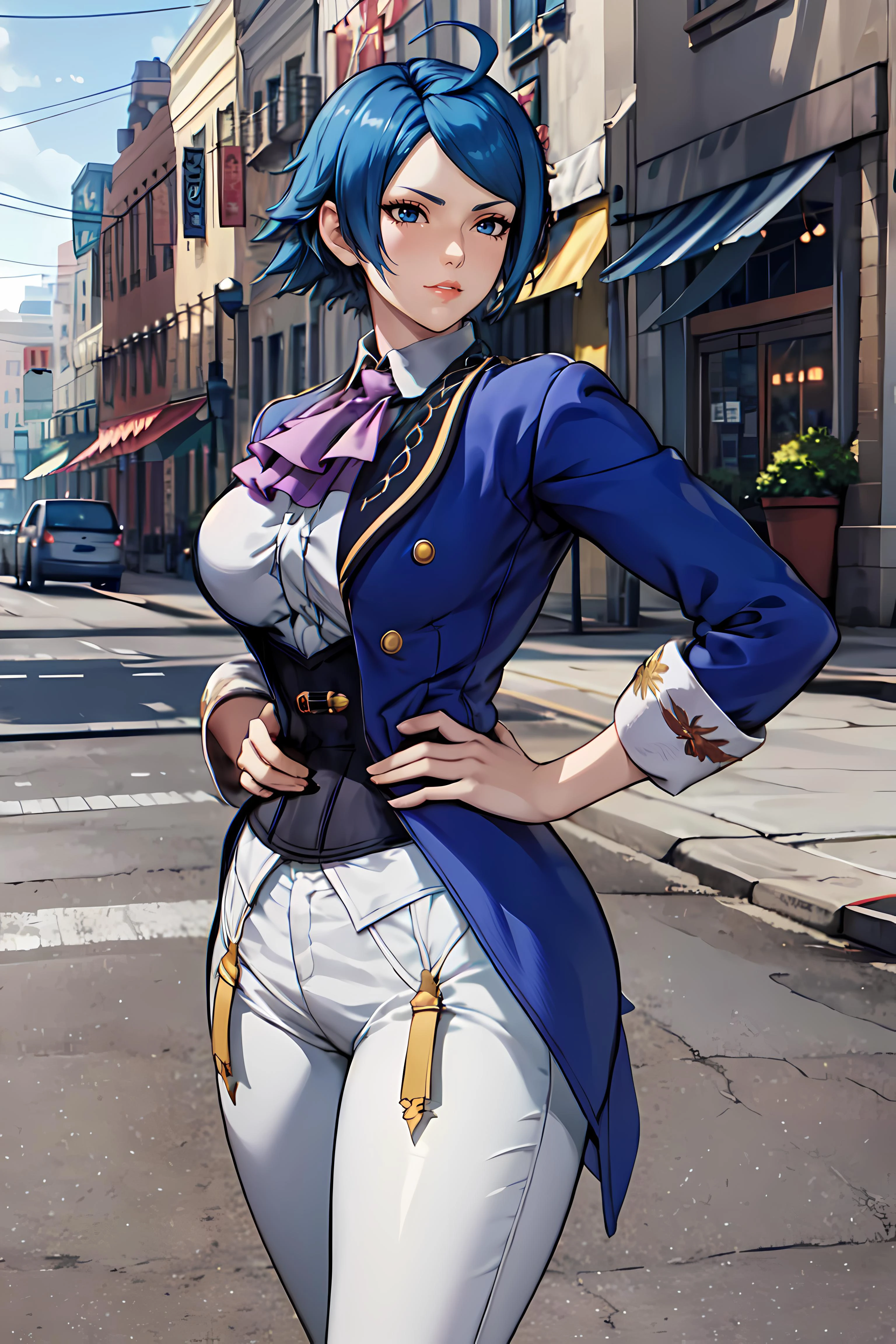 masterpiece,best quality, unreal engine, ultra res, extremely detailed,
1girl, waist, (slender:1.3), (muscular:0.8)
<lora:Style_hews_style:0.2><cutesexyrobutts_v2:0.4><lora_puuzaki-puuna-lora-v1:0.2>
<lora:Concept_Round_Breasts_V7:0.4>
ROUND BREASTS, big BREASTS
parted lips, watchig at viewer,
standing , sexy pose, cinematic angle
simple background,
waist shot,
anime style, key visual,
<lora:kofElisabeth:1>
KOFELISABETH, BLUE HAIR, AHOGE
BLUE JACKET, WHITE PANTS, ASCOT, COLLARED SHIRT