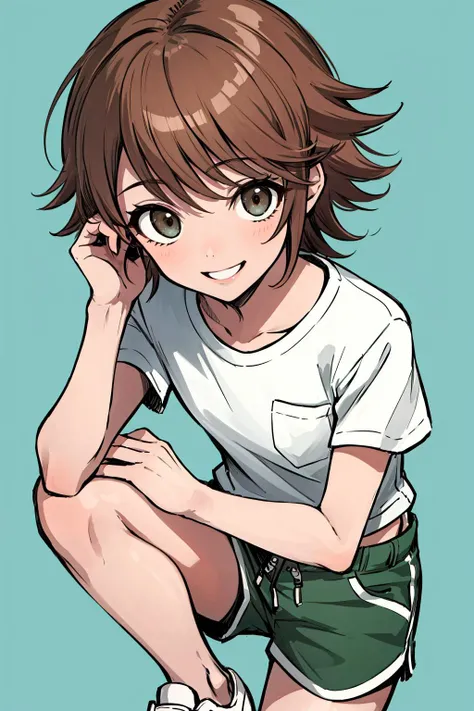 masterpiece, best quality, fujisaki chihiro, otoko no ko, white t-shirt, green shorts, sneakers, looking at viewer, smile, simple background <lora:chihiro-nvwls-v1-000010:0.9>