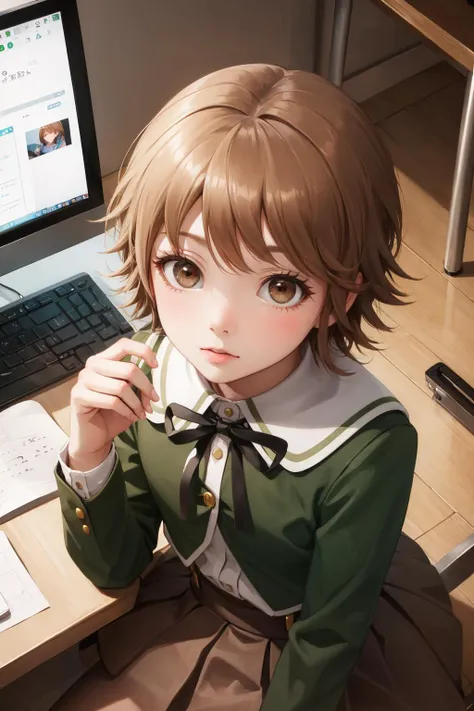 masterpiece, best quality, fujisaki chihiro, otoko no ko, green jacket, ribbon, brown skirt, kneehighs, upper body, looking at viewer, from above, shy, computer lab <lora:chihiro-nvwls-v1-000010:0.9>