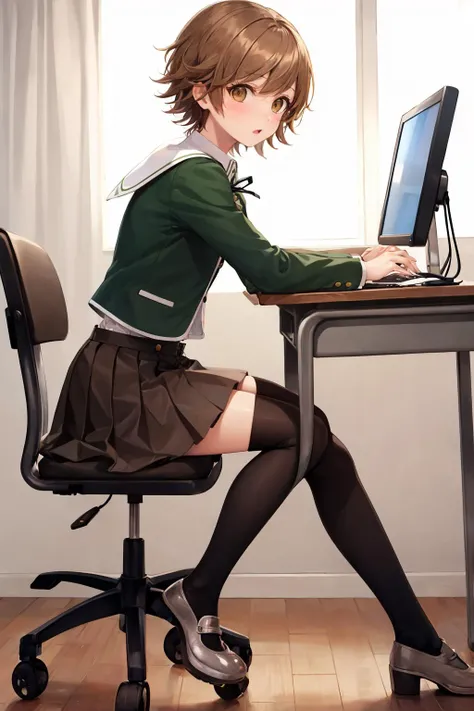 masterpiece, best quality, fujisaki chihiro, otoko no ko, green jacket, ribbon, brown skirt, kneehighs, white shoes, from side, computer, desk, chair, looking at viewer, surprised <lora:chihiro-nvwls-v1-000010:0.9>