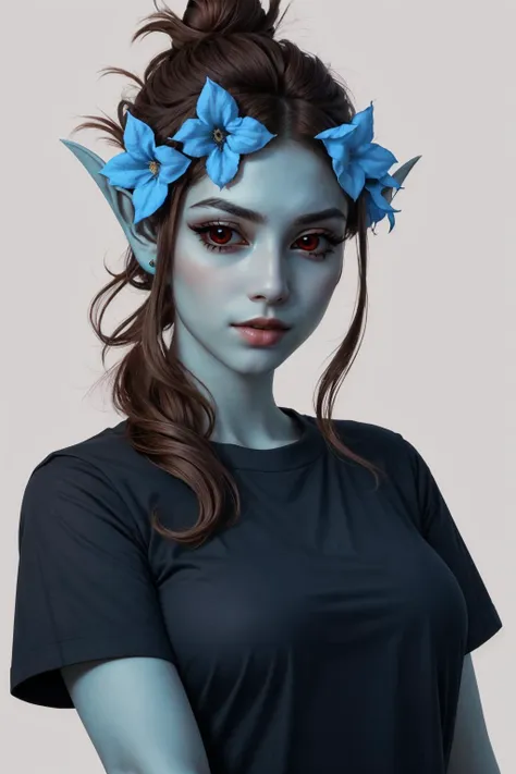 (masterpiece, best quality:1.2), <lora:azura:1>, azura, 1girl, solo, looking at viewer, (blue skin:1.5), pointy ears, black shirt, hair bun, pants, red sclera, hair flower, large breasts, white background, simple background