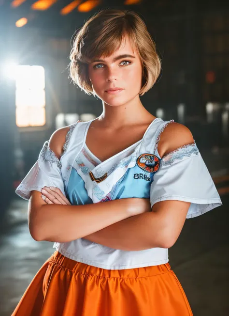 portrait of skswoman, bored , wearing skirt , with orange A-line haircut , background barn epic (photo, studio lighting, hard light, sony a7, 50 mm, matte skin, pores, colors, hyperdetailed, hyperrealistic), <lyco:Erika Eleniak:1.3>