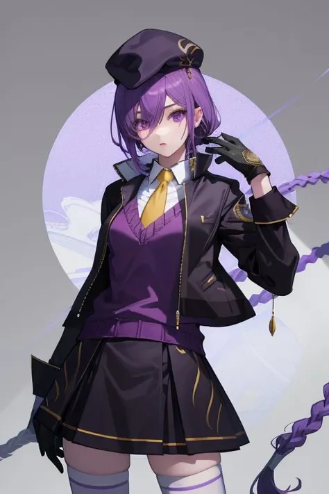 {best quality}, {{masterpiece}}, {highres}, original, extremely detailed wallpaper, {an extremely delicate and beautiful}, 1girl, solo, eltnum, purple jacket, purple sweater, sweater vest, white thighhighs, yellow necktie, purple headwear, purple skirt, single glove,
<lora:eltnum.rev1:0.8>