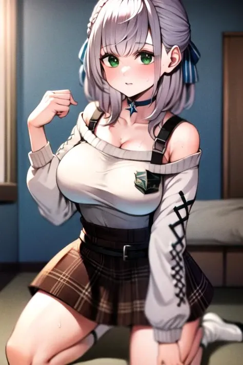 best quality, masterpiece, ultra high res, 1girl, (shirogane noel:1.3), ho****ve, silver hair, bangs, braid, short hair, hair ribbon, green eyes, large breasts, white sweater, off-shoulder sweater, brown tank top, plaid skirt, brown skirt, socks, choker, shoes, bedroom, sweat, steam <lora:watao:1>