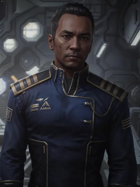 a man wearing (high rank allianceuniform) in a space station, realistic skin, dramatic lighting, ultra realistic, wallpaper, intricate, sharp focus, ray tracing, rtx, professionally color graded, professional photography, masterpiece, ultra detailed, high quality, best quality, 4k, 8k, raw <lora:allianceuniform:0.6> <lora:add_detail:0.15>