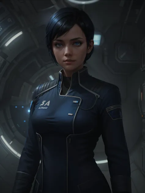 a woman with short black hair wearing (blue allianceuniform) in a space station, cute face, realistic skin, dramatic lighting, ultra realistic, wallpaper, intricate, sharp focus, ray tracing, rtx, professionally color graded, professional photography, masterpiece, ultra detailed, high quality, best quality, 4k, 8k, raw <lora:allianceuniform:0.3> <lora:add_detail:0.25>