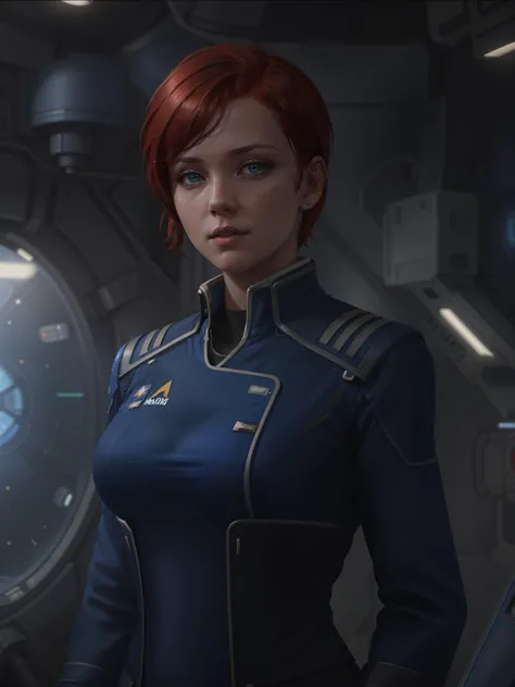 a woman with short red hair wearing (blue allianceuniform) in a space station, cute face, realistic skin, dramatic lighting, ultra realistic, wallpaper, intricate, sharp focus, ray tracing, rtx, professionally color graded, professional photography, masterpiece, ultra detailed, high quality, best quality, 4k, 8k, raw <lora:allianceuniform:0.3> <lora:add_detail:0.25>